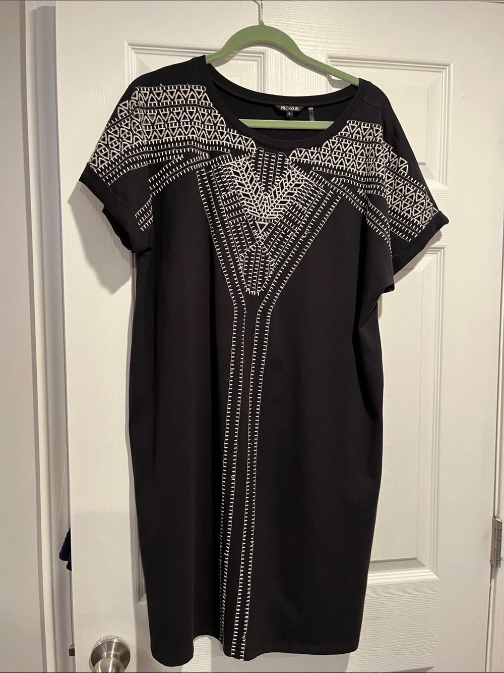 Nic & Zoe Black Dress with White Geometric Embroidery